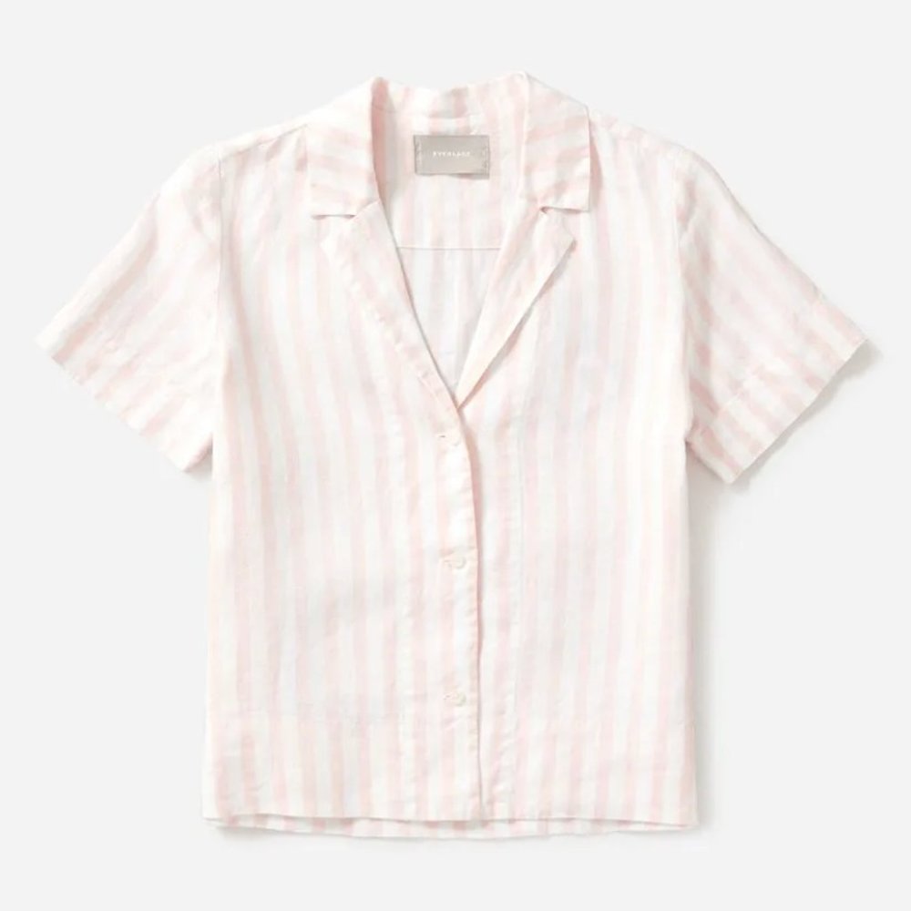 Everlane Linen Notch Short-Sleeve Shirt in Pink Size 00